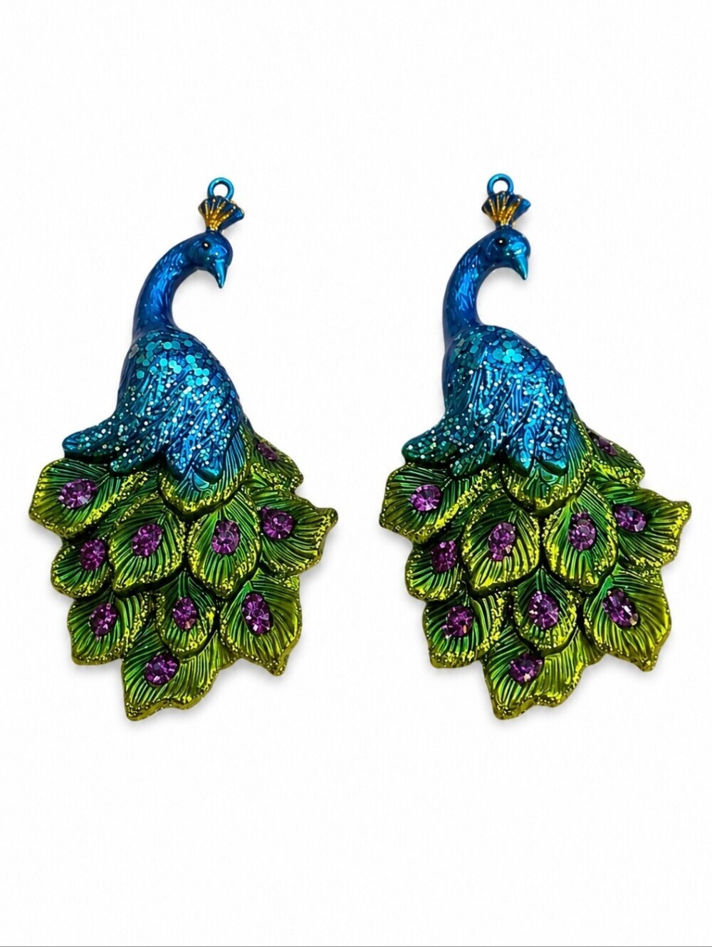 HOBBY LOBBY Two Colorful Glitter Peacock Ornaments